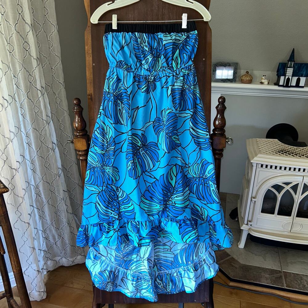 Vintage Me Too blue Hawaiian leaf strapless maxi dress ruffled high-low small